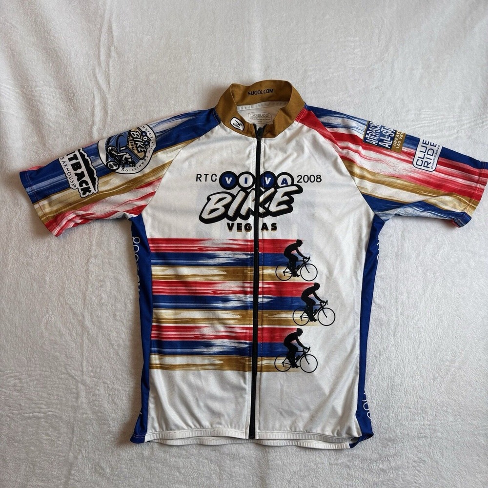 SUGOI RTC Viva Bike Vegas‎ Short Sleeve Full Zip Cycling Jersey Men's Medium *